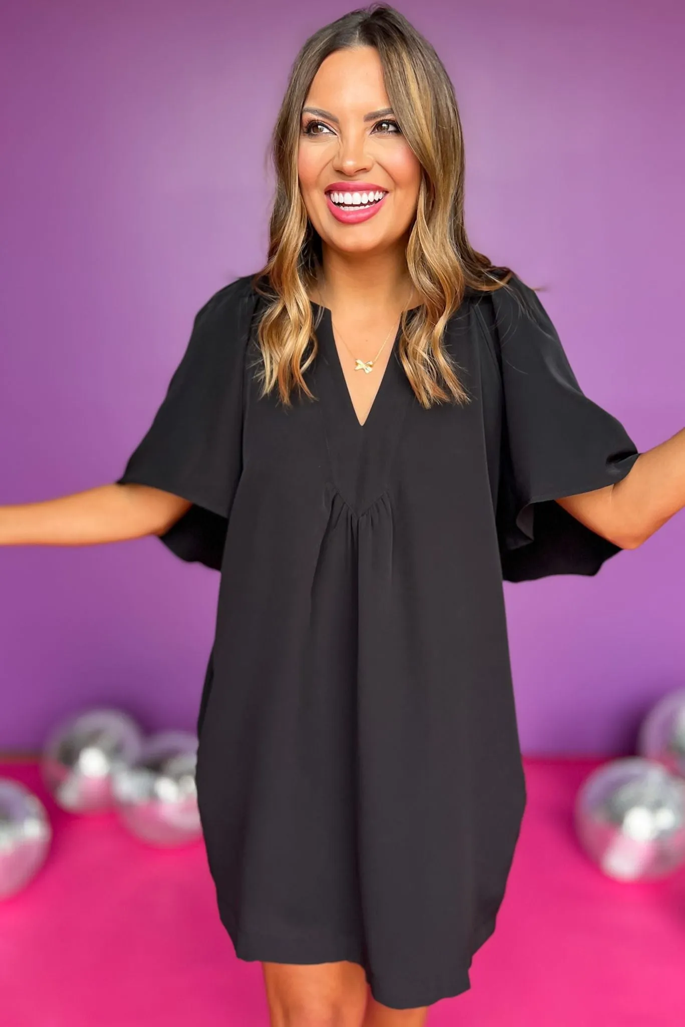 Black V Neck Flutter Sleeve Dress *FINAL SALE*