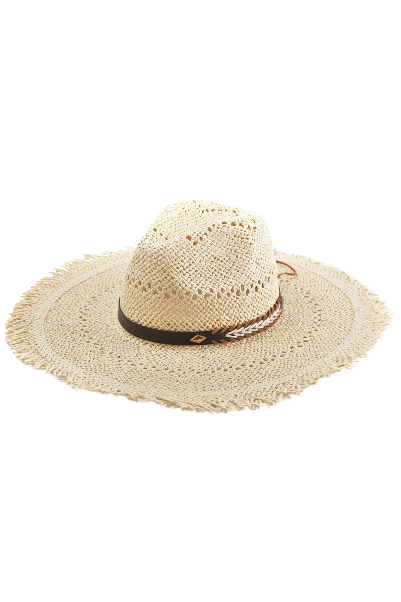 claudia wide brim straw hat w/ frayed edge - Beige