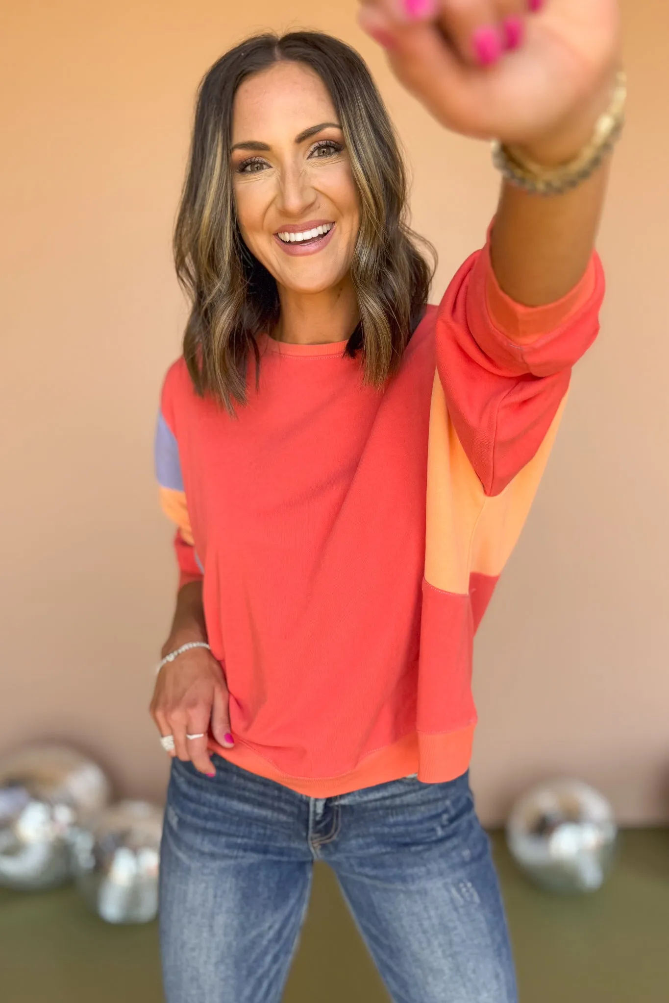 Coral Colorblock Terry Knit Pullover