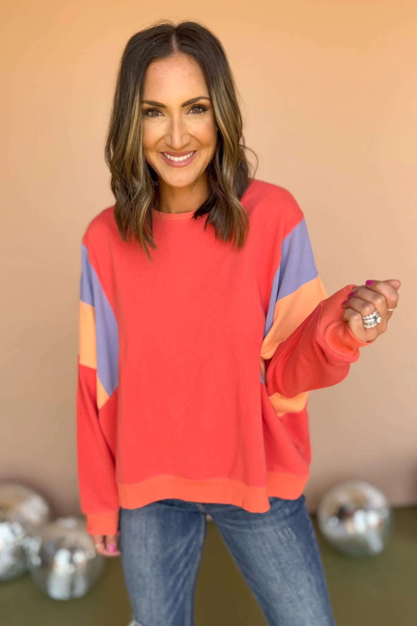 Coral Colorblock Terry Knit Pullover