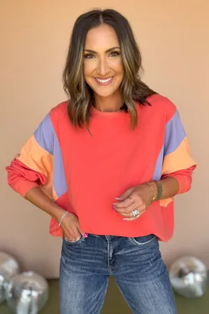 Coral Colorblock Terry Knit Pullover