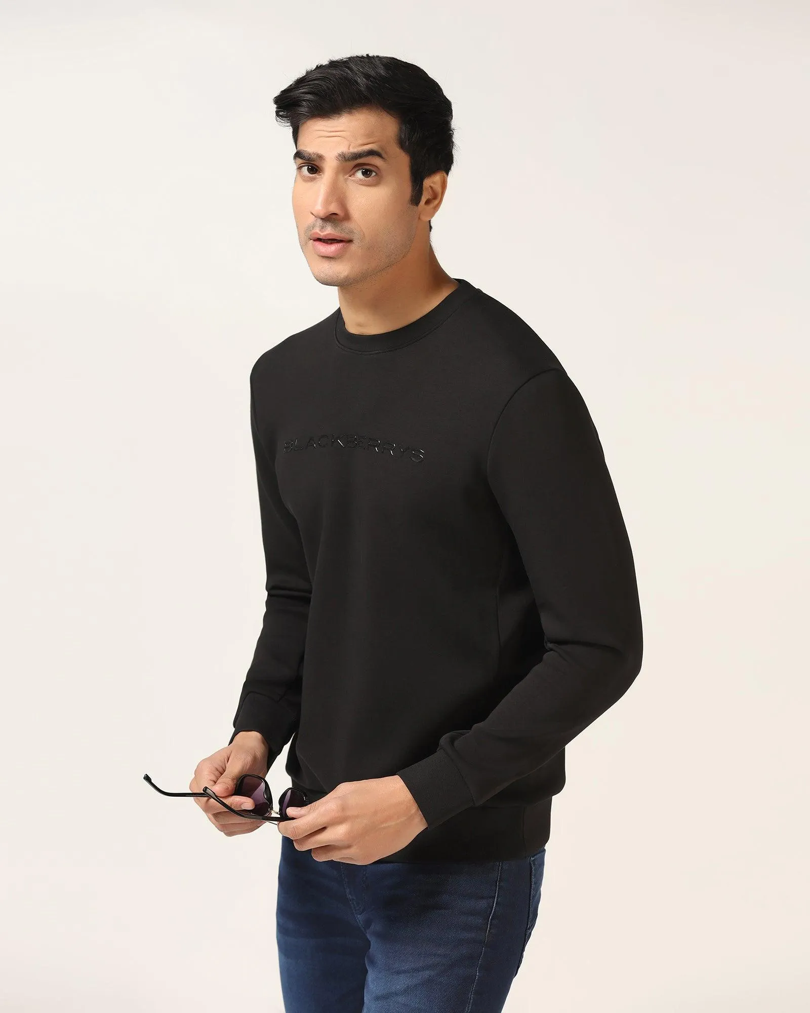 Crew Neck Black Solid Sweatshirt - Rio