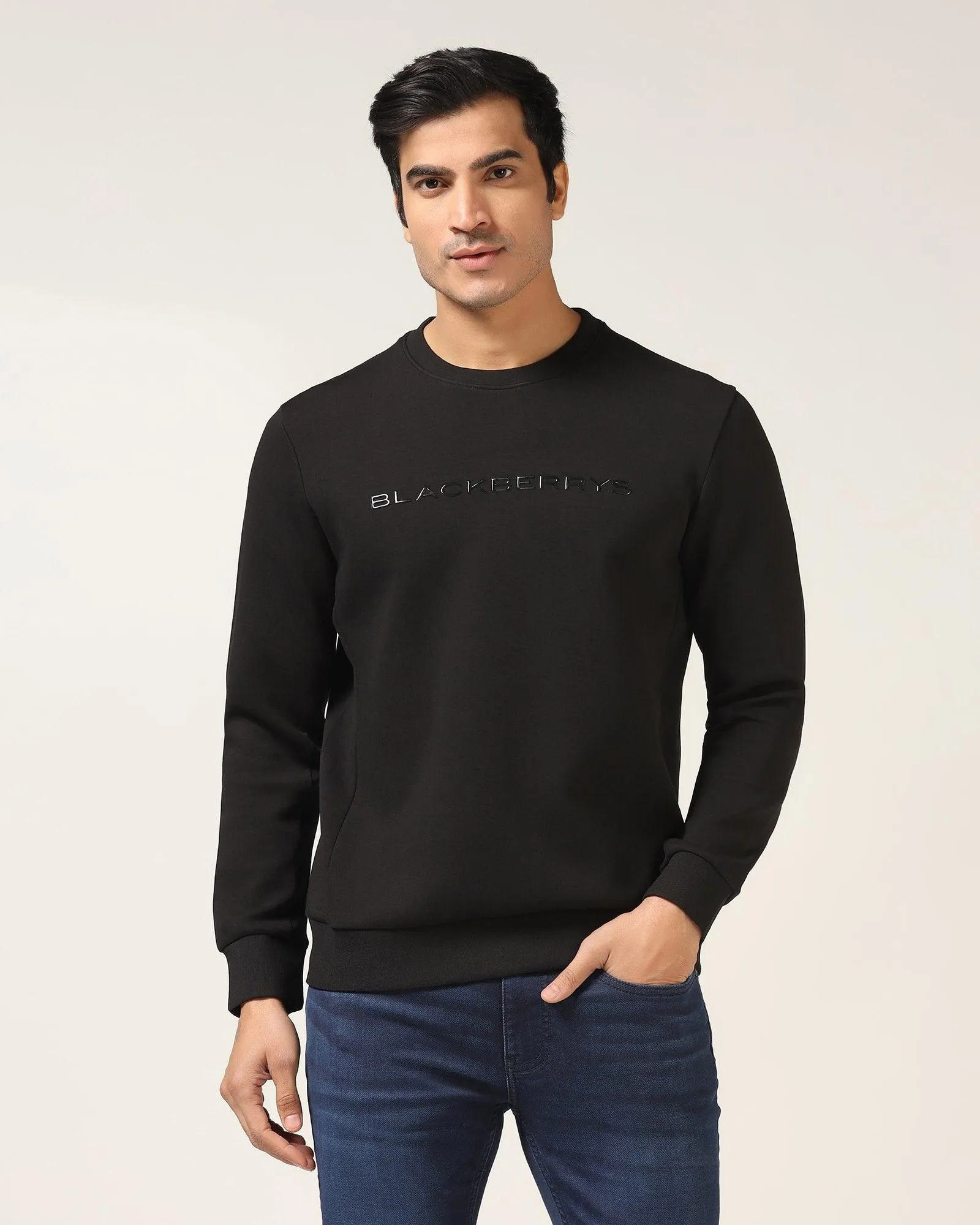 Crew Neck Black Solid Sweatshirt - Rio