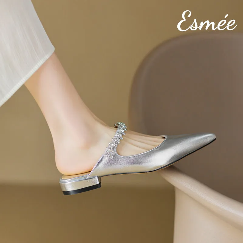 Leather Flat Mules with Diamond Straps