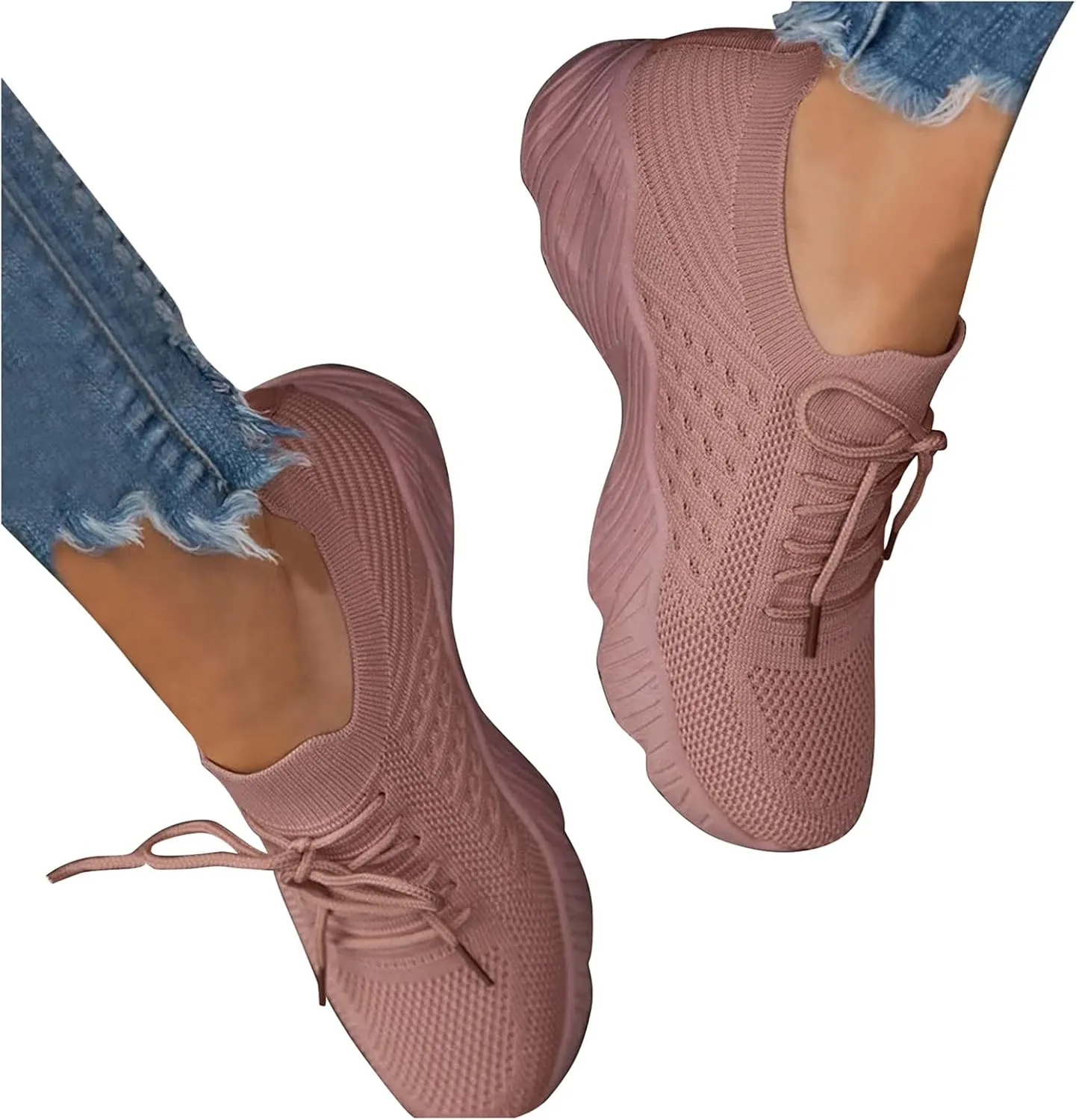 Non Slip Shoes for Women Breathable Mesh Knit Lace Up Athletic Shoes Casual Fashion Solid Color Walking Tennis Sneakers