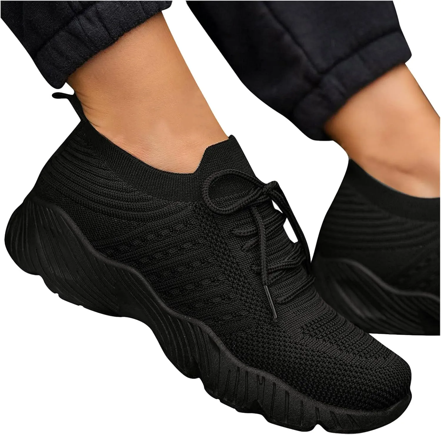 Non Slip Shoes for Women Breathable Mesh Knit Lace Up Athletic Shoes Casual Fashion Solid Color Walking Tennis Sneakers