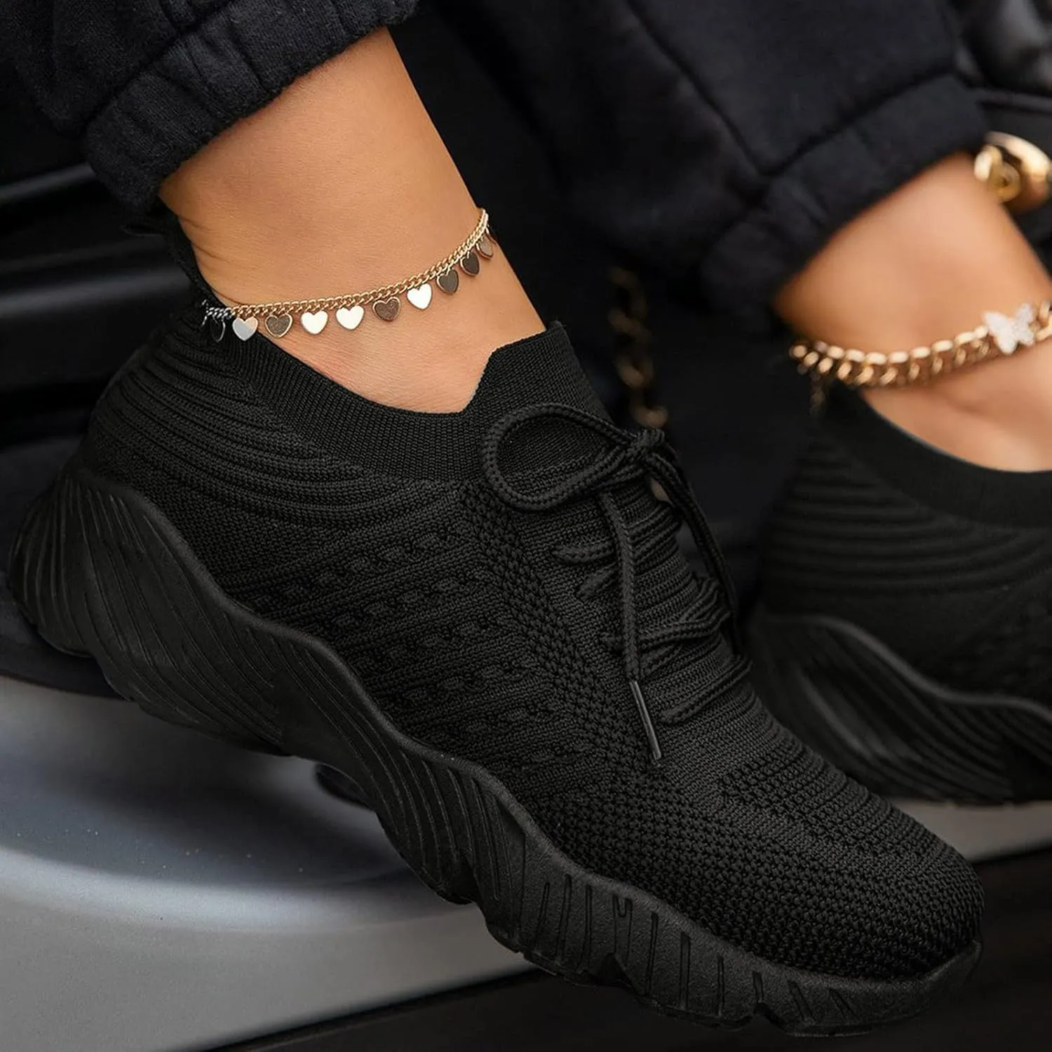 Non Slip Shoes for Women Breathable Mesh Knit Lace Up Athletic Shoes Casual Fashion Solid Color Walking Tennis Sneakers