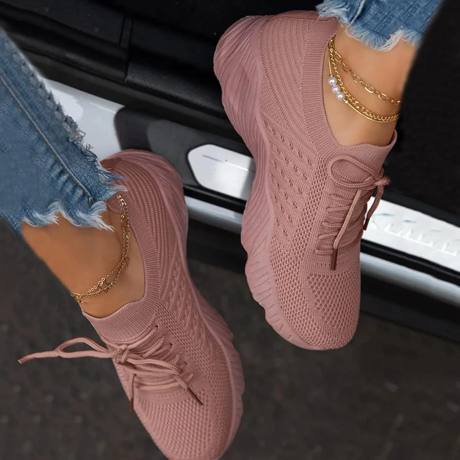 Non Slip Shoes for Women Breathable Mesh Knit Lace Up Athletic Shoes Casual Fashion Solid Color Walking Tennis Sneakers
