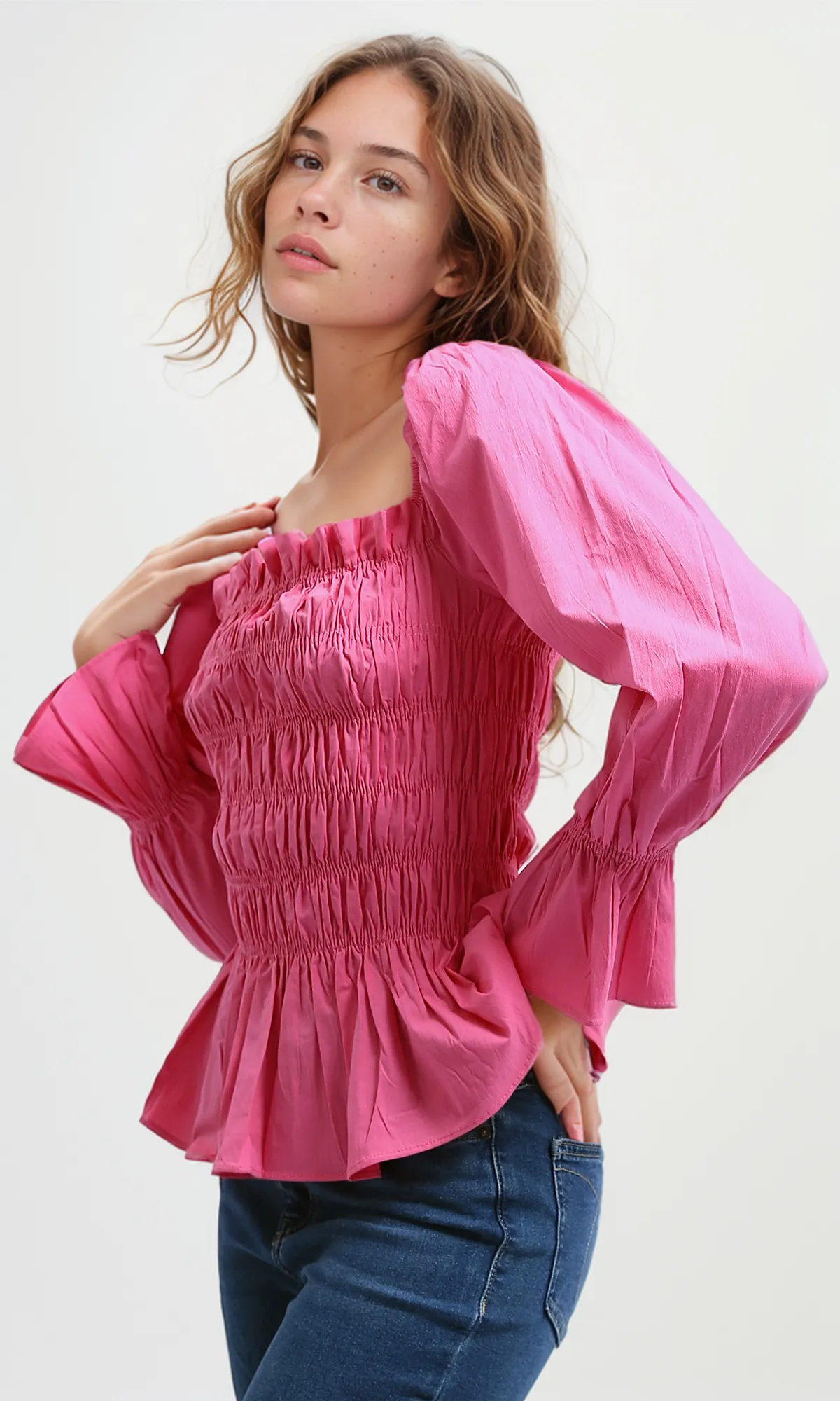 O189744 Women'S Velvet Shirt Casual Square Neck Long Sleeve - Fushia