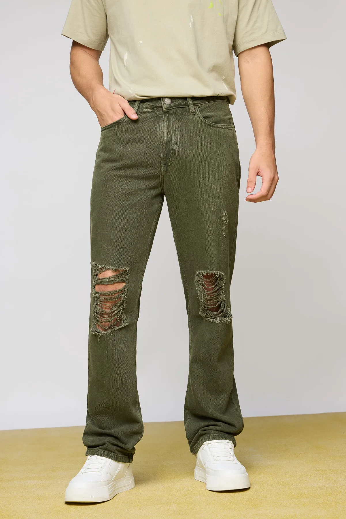 Rustic Green Distressed Men's Straight Jeans