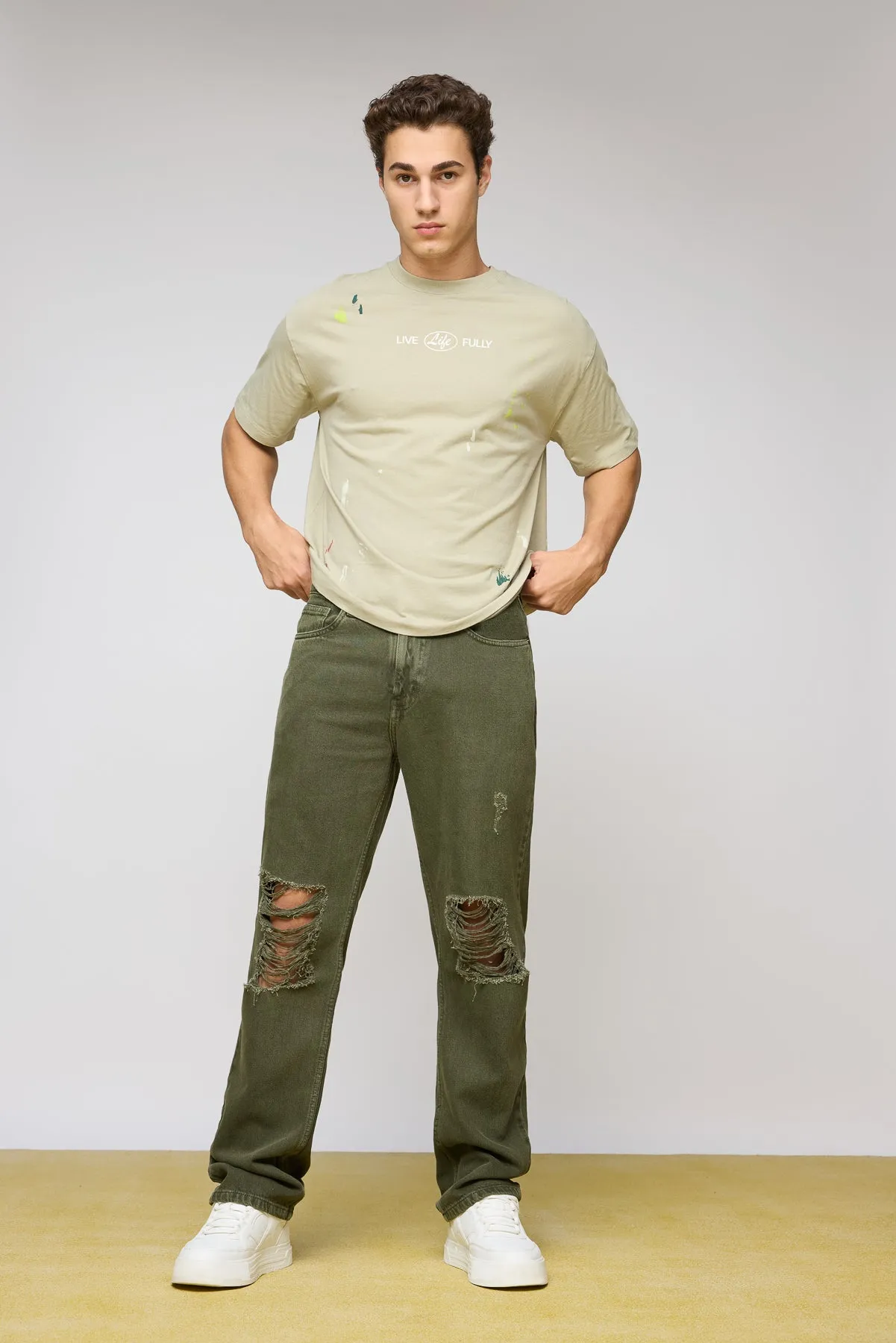 Rustic Green Distressed Men's Straight Jeans
