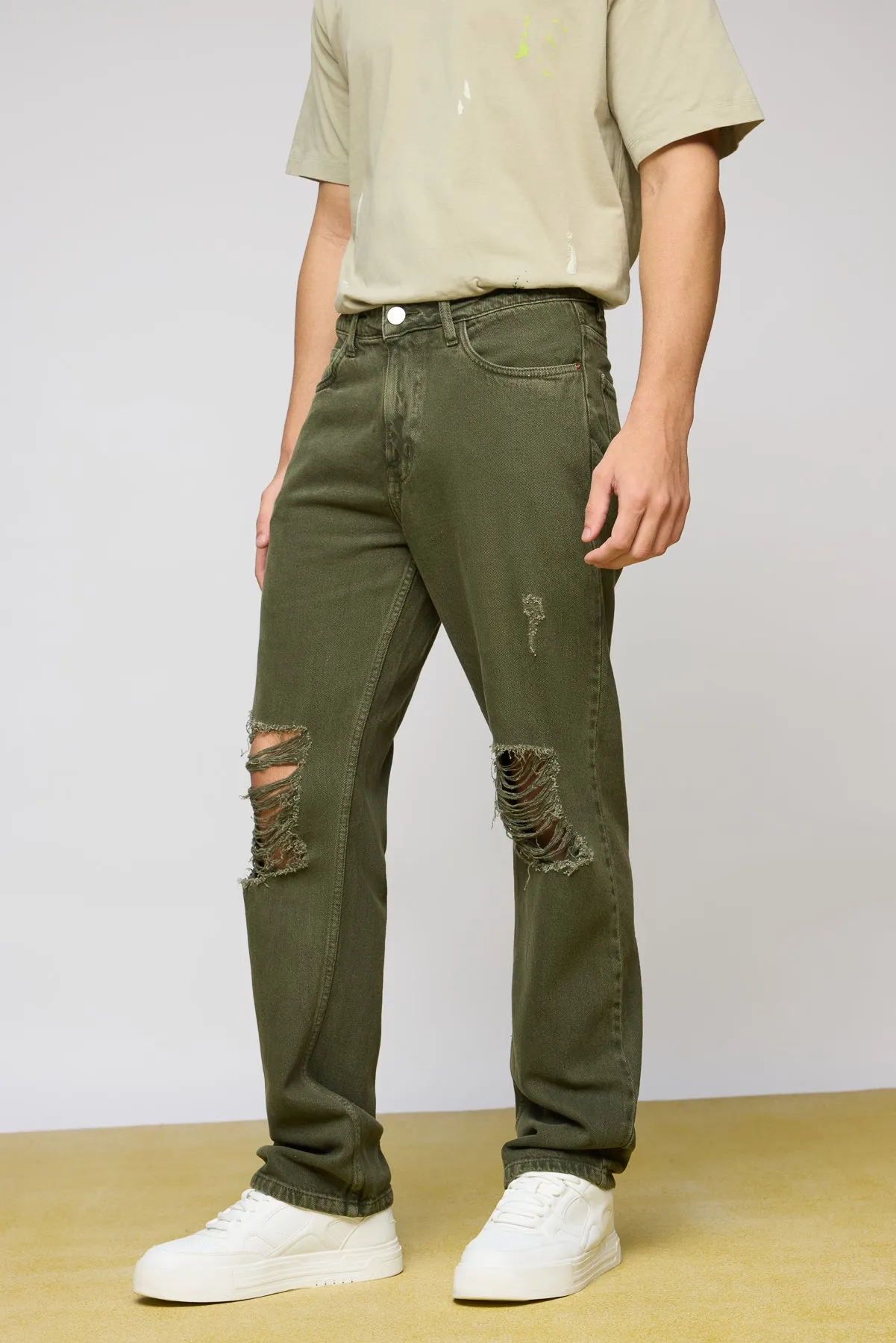 Rustic Green Distressed Men's Straight Jeans