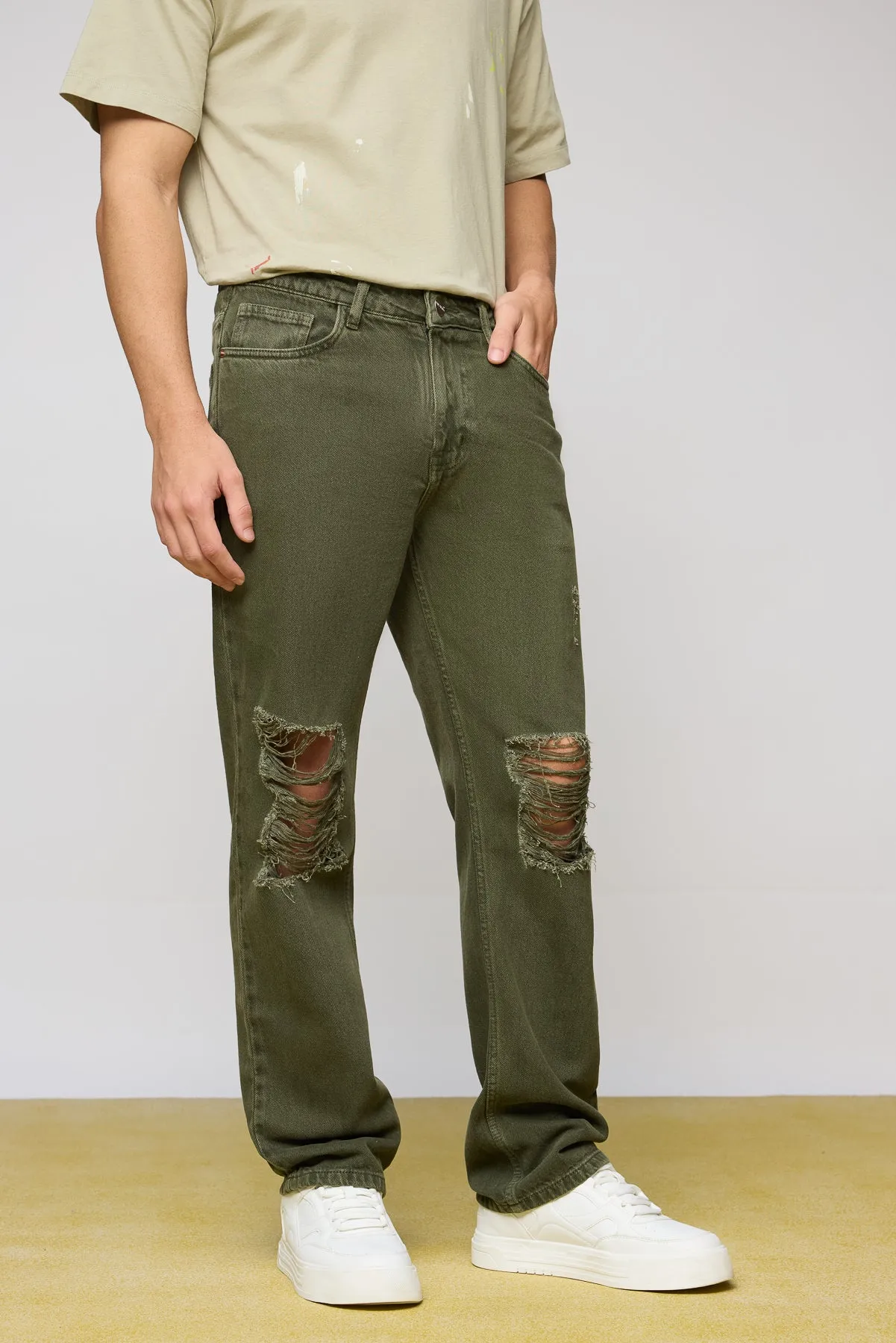 Rustic Green Distressed Men's Straight Jeans