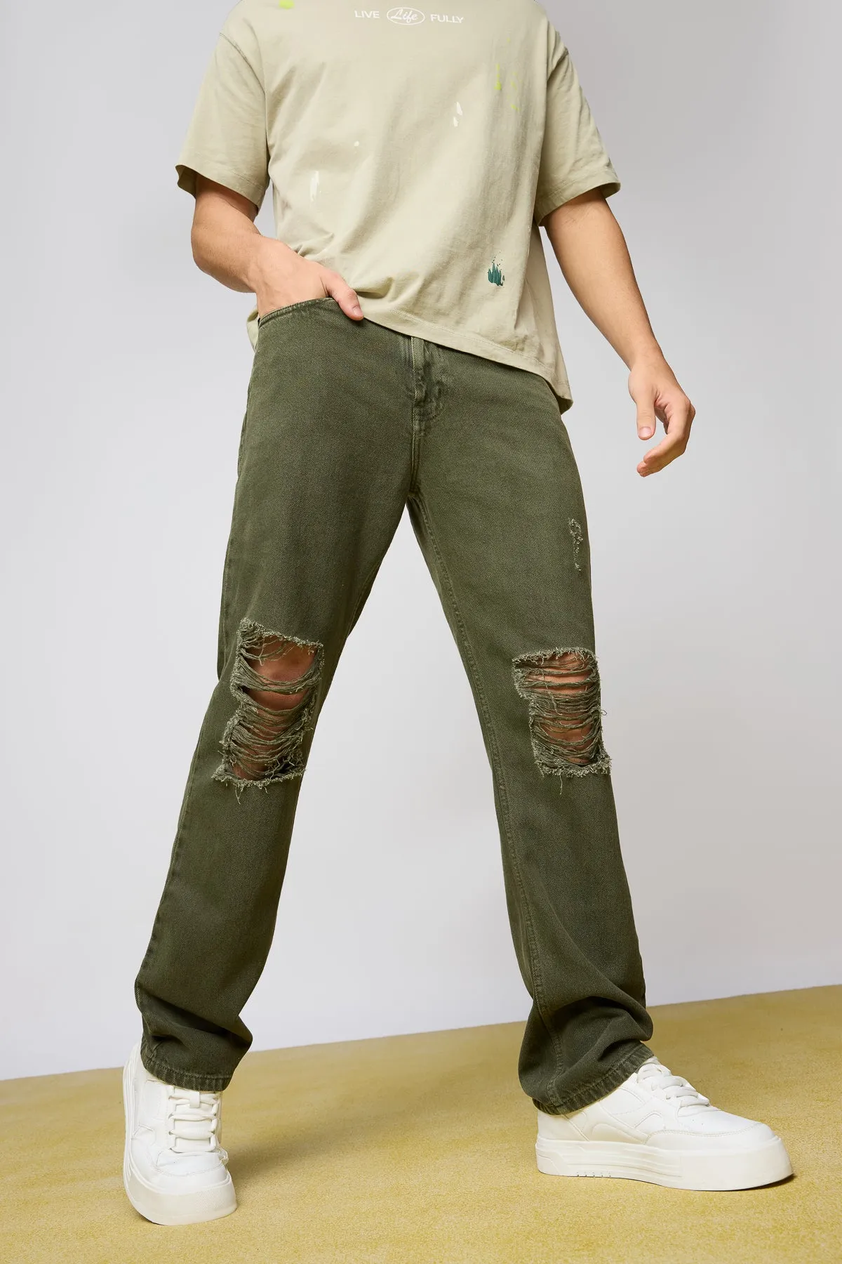 Rustic Green Distressed Men's Straight Jeans