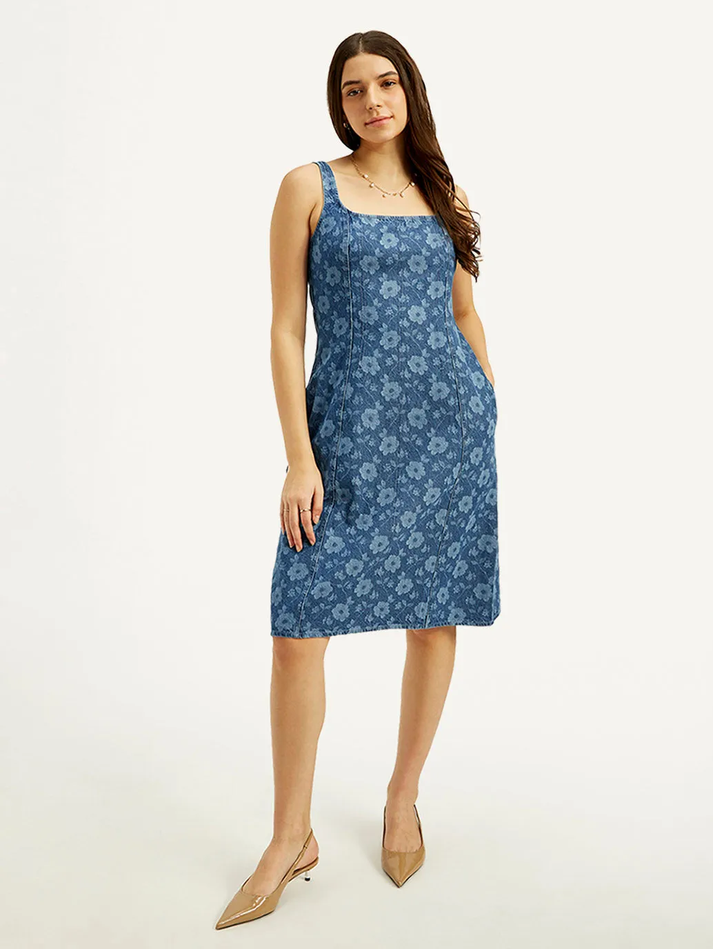 Women's Floral Blue Square Neck Denim Dress