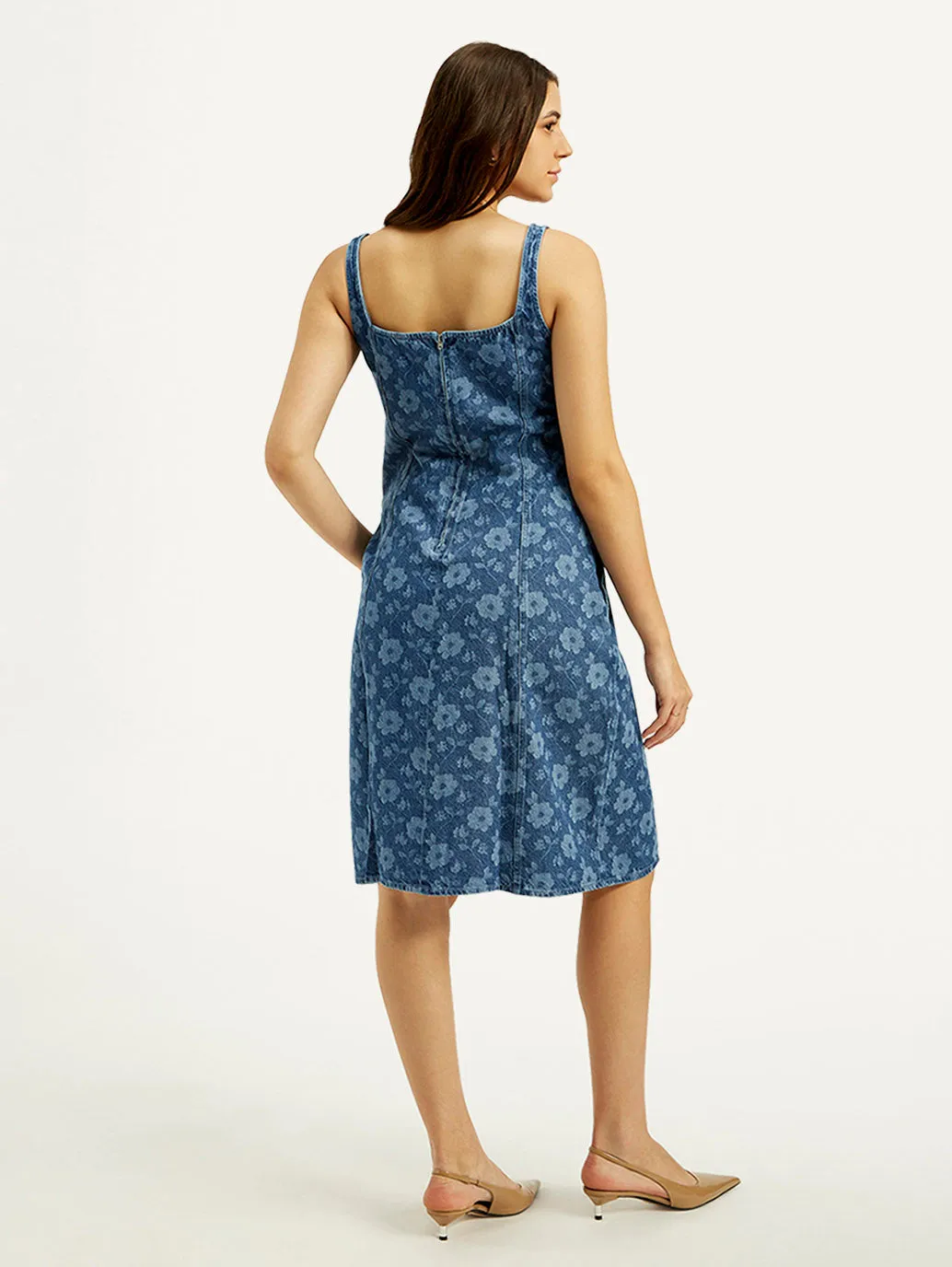 Women's Floral Blue Square Neck Denim Dress