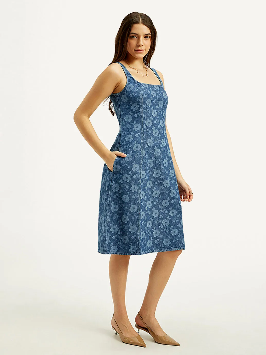 Women's Floral Blue Square Neck Denim Dress