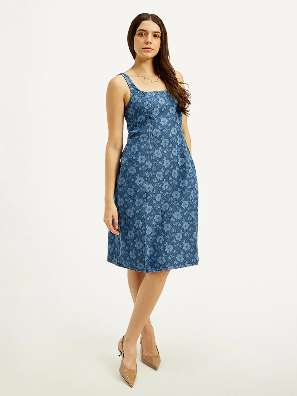 Women's Floral Blue Square Neck Denim Dress
