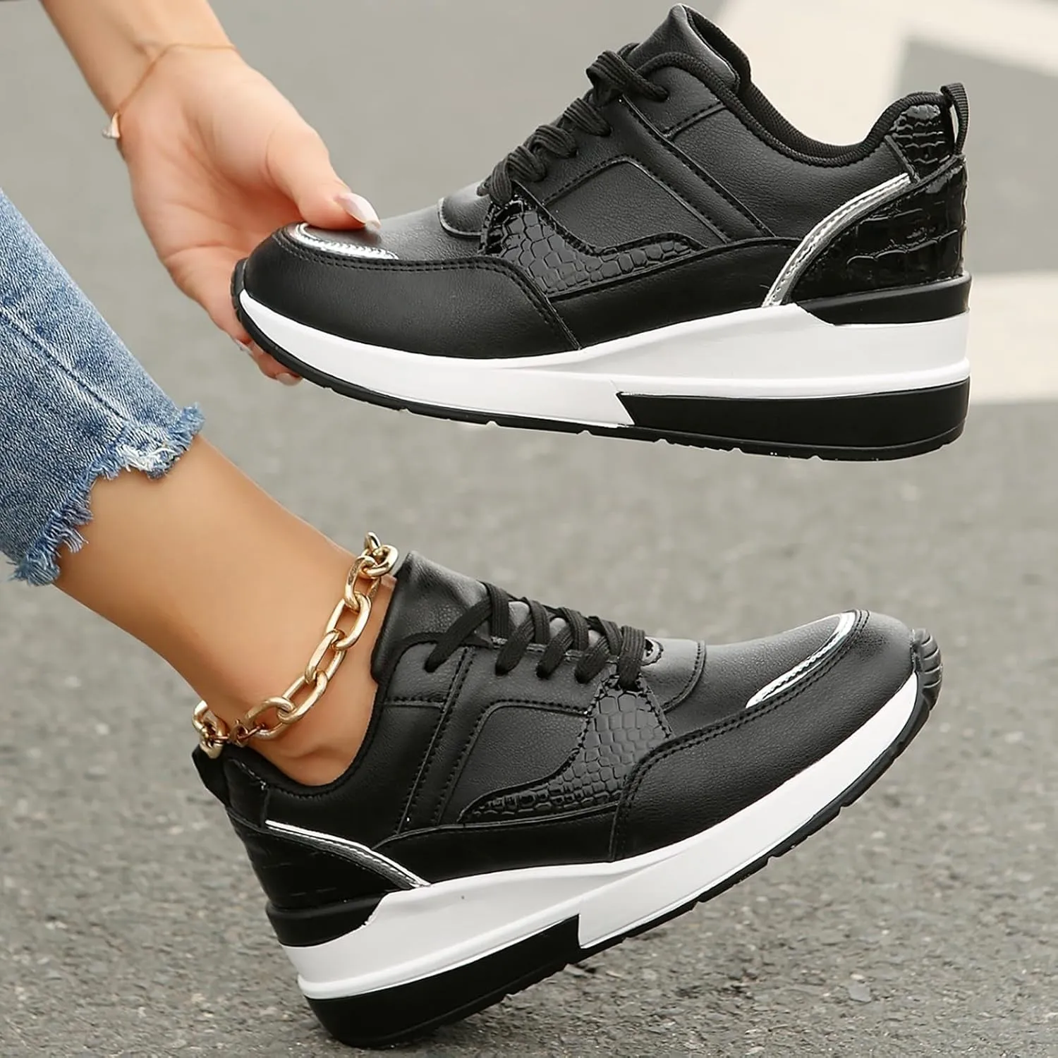 Womens Non Slip Work Shoes Thick Platform Wedge Sports Sneakers Casual Comfortable Walking Running Sneakers