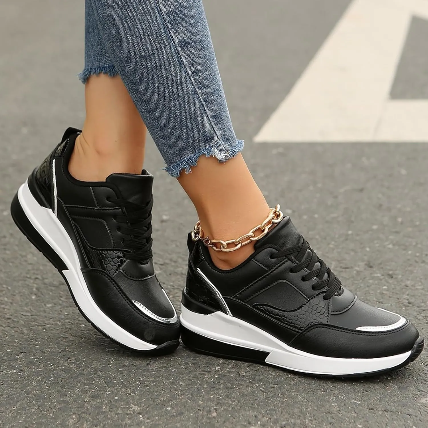 Womens Non Slip Work Shoes Thick Platform Wedge Sports Sneakers Casual Comfortable Walking Running Sneakers